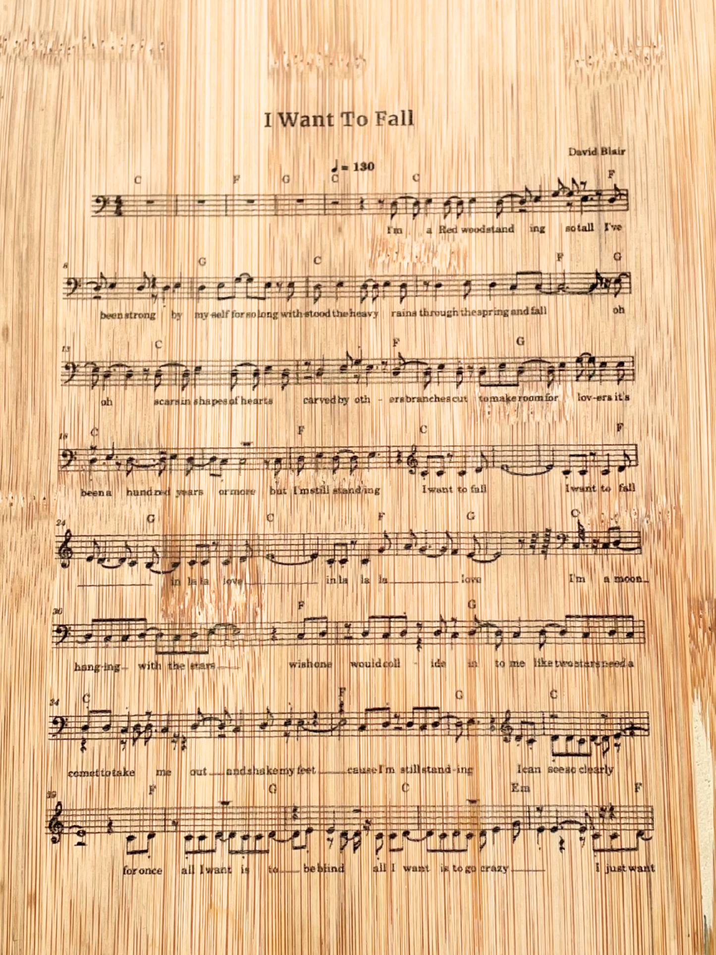 'I Want To Fall' Sheet Music Wood Cutting Board 34x22cm